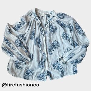 15) 30 x 23 COTTON INDIA H&M Peasant Paisley Blouse White Blue Medium